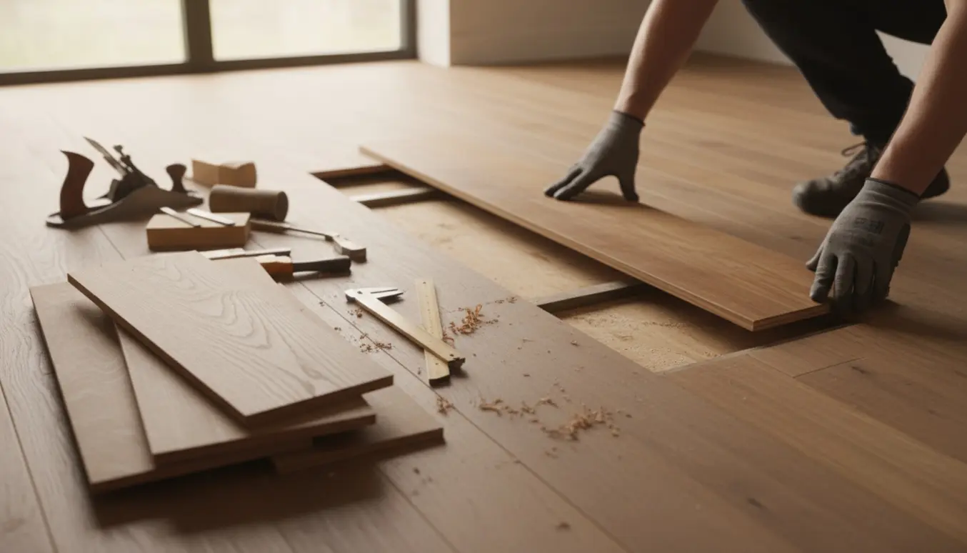 Nærbillede af montering af et specialskåret bøgebræt i et langt hul mellem to gulve med værktøj og savspåner.