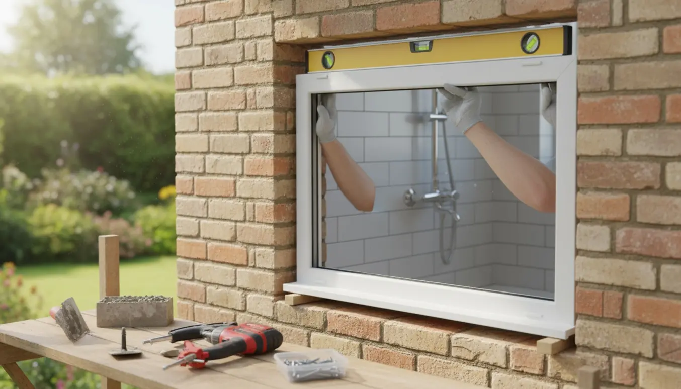 Murer fører et nyt badeværelsesvindue ind i en frisk udskåret muråbning med værktøj og handske i fokus.