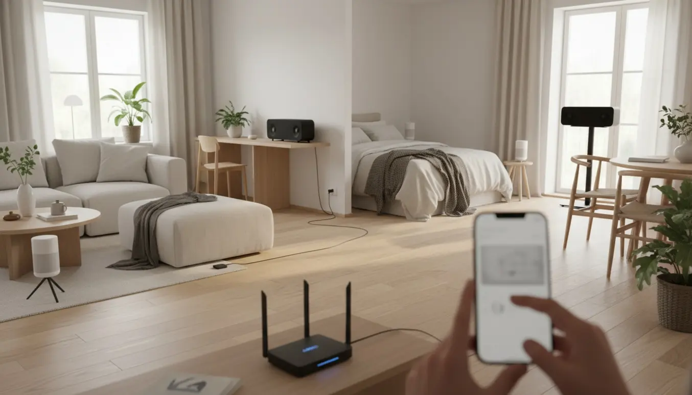 Otte Sonos-højttalere fordelt i et lyst skandinavisk hjem, en hånd holder en telefon med Sonos-appen og en router i baggrunden.