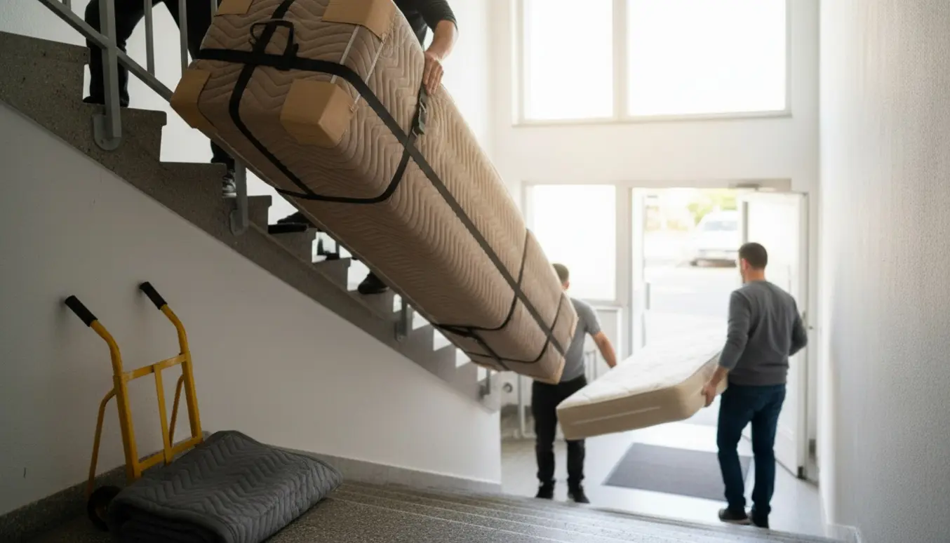 To personer bærer to smalle boxmadrasser op ad en trappe, mens en gammel 140x200 madras bæres ned og placeres ved opgangen.