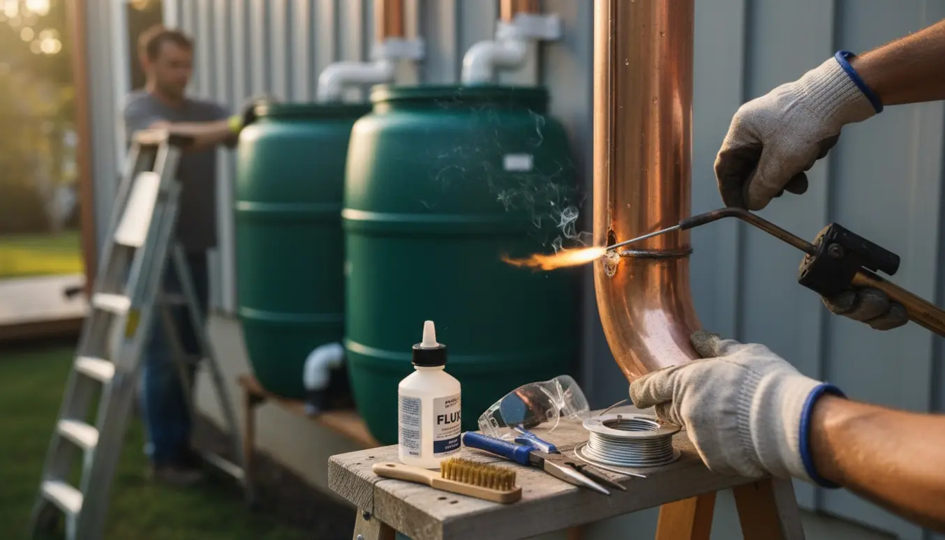 Hænder lodder et kobbernedløbsrør ved husgavl, mens to regnvandstønder monteres i baggrunden.