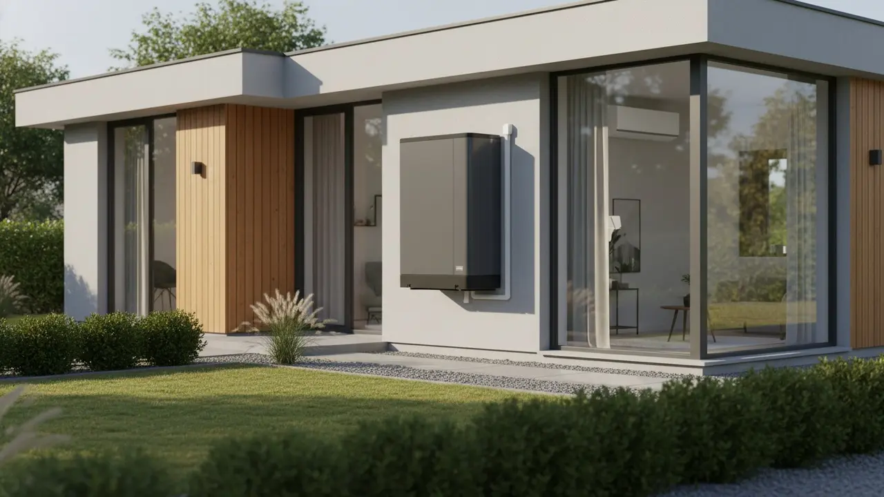 Moderne hus med udendørs varmepumpe ved facaden og indendørs vægunit synlig gennem vindue.