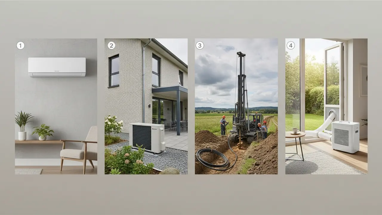 Fire vignetter der viser luft‑til‑luft, luft‑til‑vand, jordvarme og en mobil monoblock‑enhed.