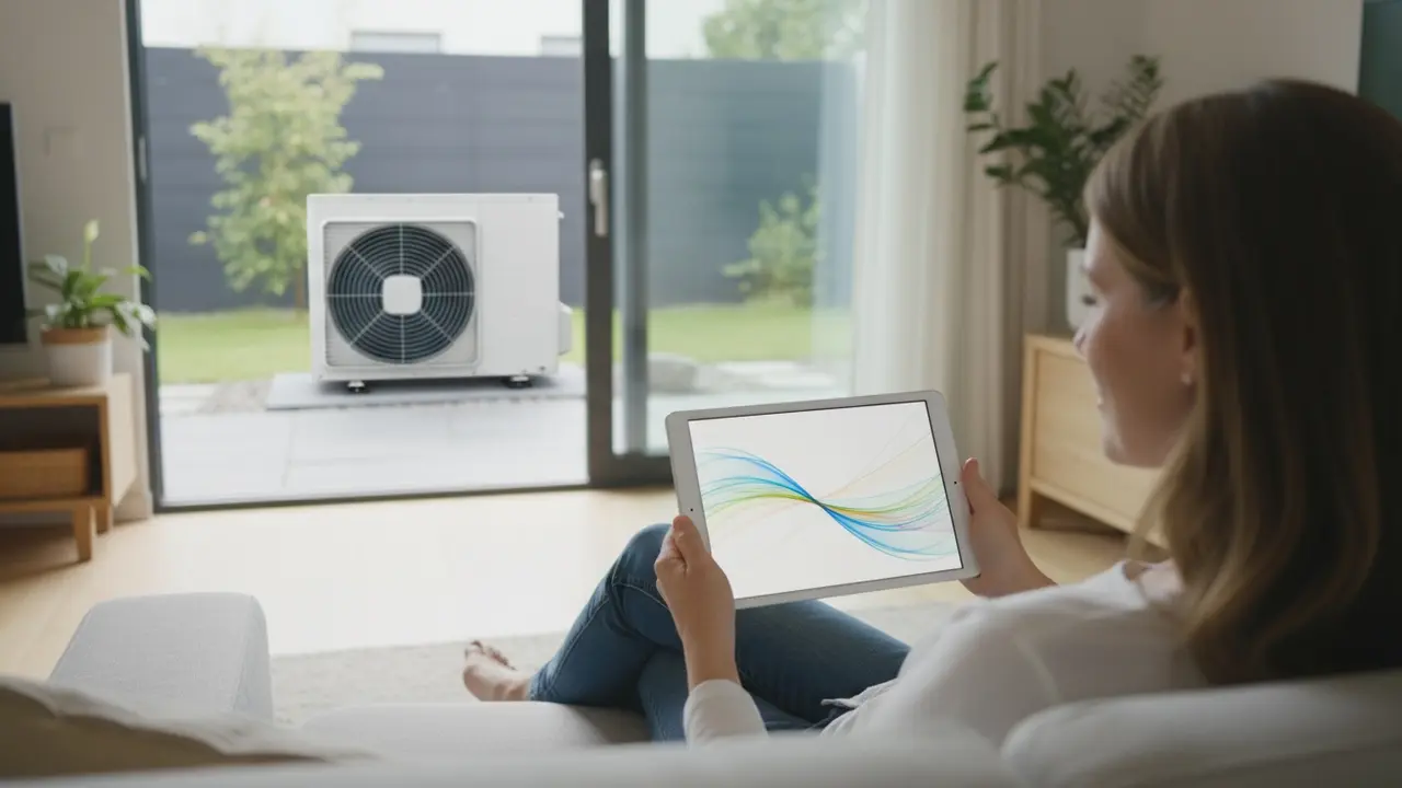 Boligejer ser på tablet med energiforbrugsdiagram, varmepumpe ses i baggrunden udenfor.