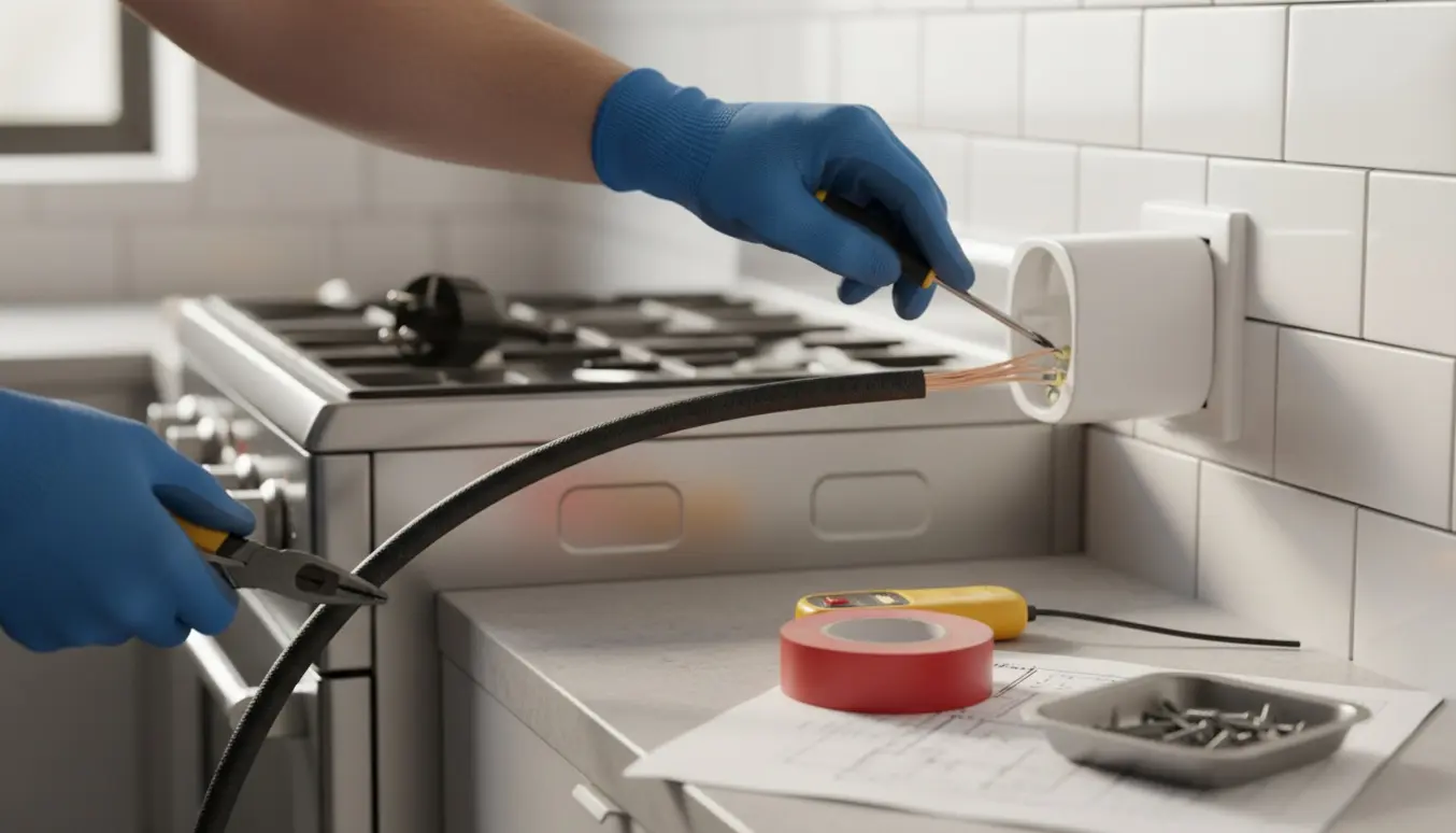 Nærbillede af hænder, der monterer stikkontakter og tilslutter et komfur i et moderne køkken.
