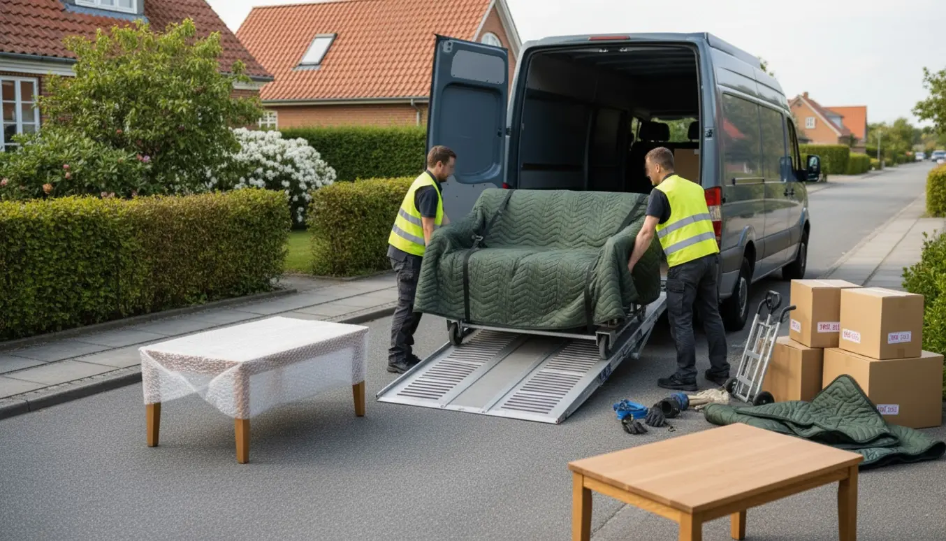 Sofa og sofabord læsses ind i en flyttevogn på en stille forstadsgade.