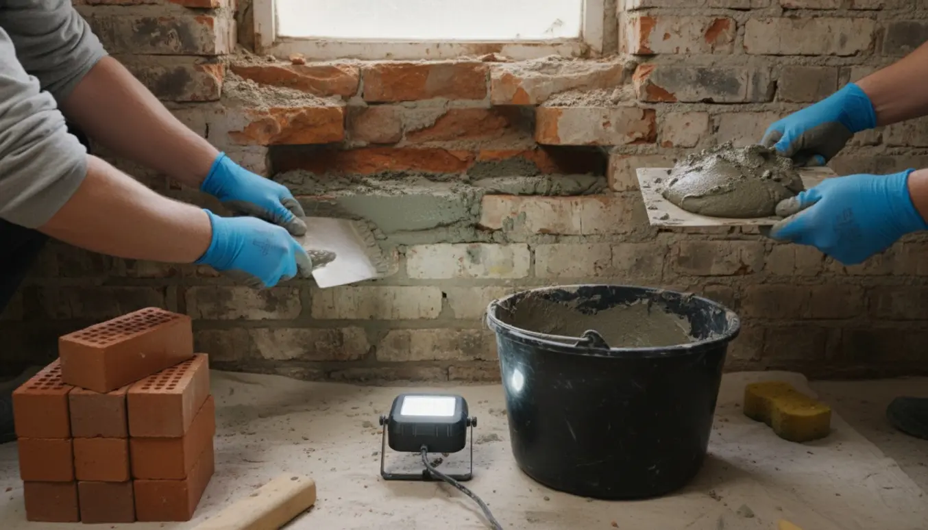 Nærbillede af hænder, der pudser en væg i et kælderværelse med mørtel og byggematerialer.