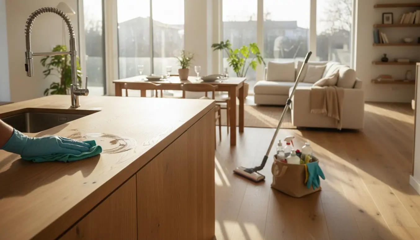 Hænder tørrer en køkkenø med mikrofiberklud i et lyst, rummeligt privat hjem under rengøring.