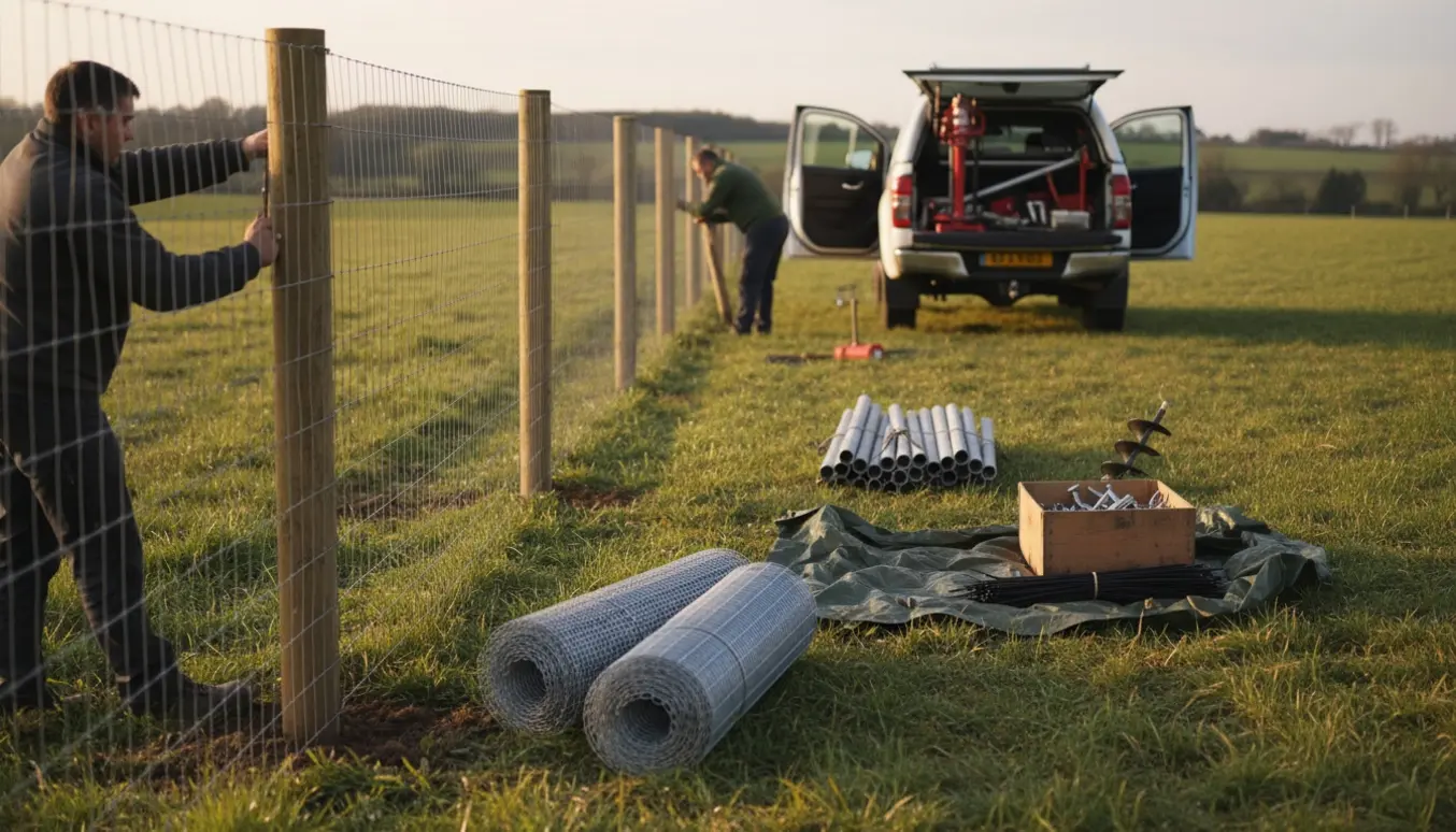Opsætning af 180 cm højt vildthegn i mark med ruller hegn, hjørnepæle i jorden, vandrør og værktøj ved en varevogn.