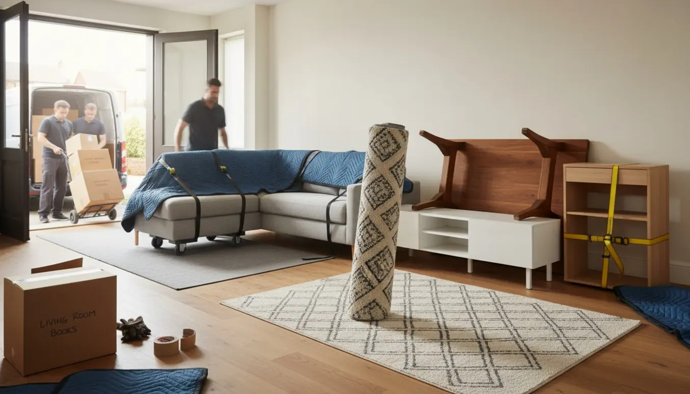 Flyttefolk tømmer en stue med hjørnesofa, spisebord, skrivebord og et stort rullet tæppe klar til at blive kørt væk.