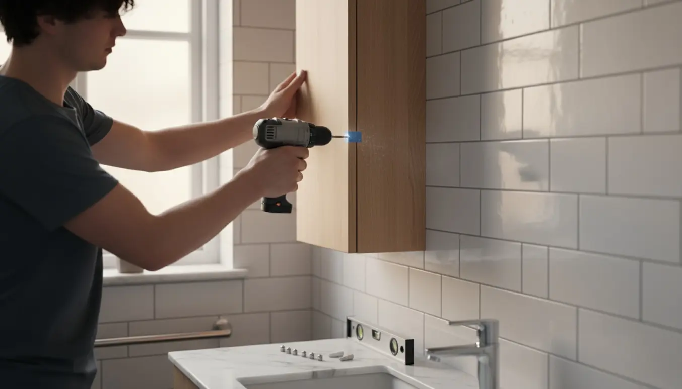 Hænder monterer et lille badeværelsesskab i et kompakt københavner-badeværelse og borer forsigtigt i fugerne mellem fliserne.