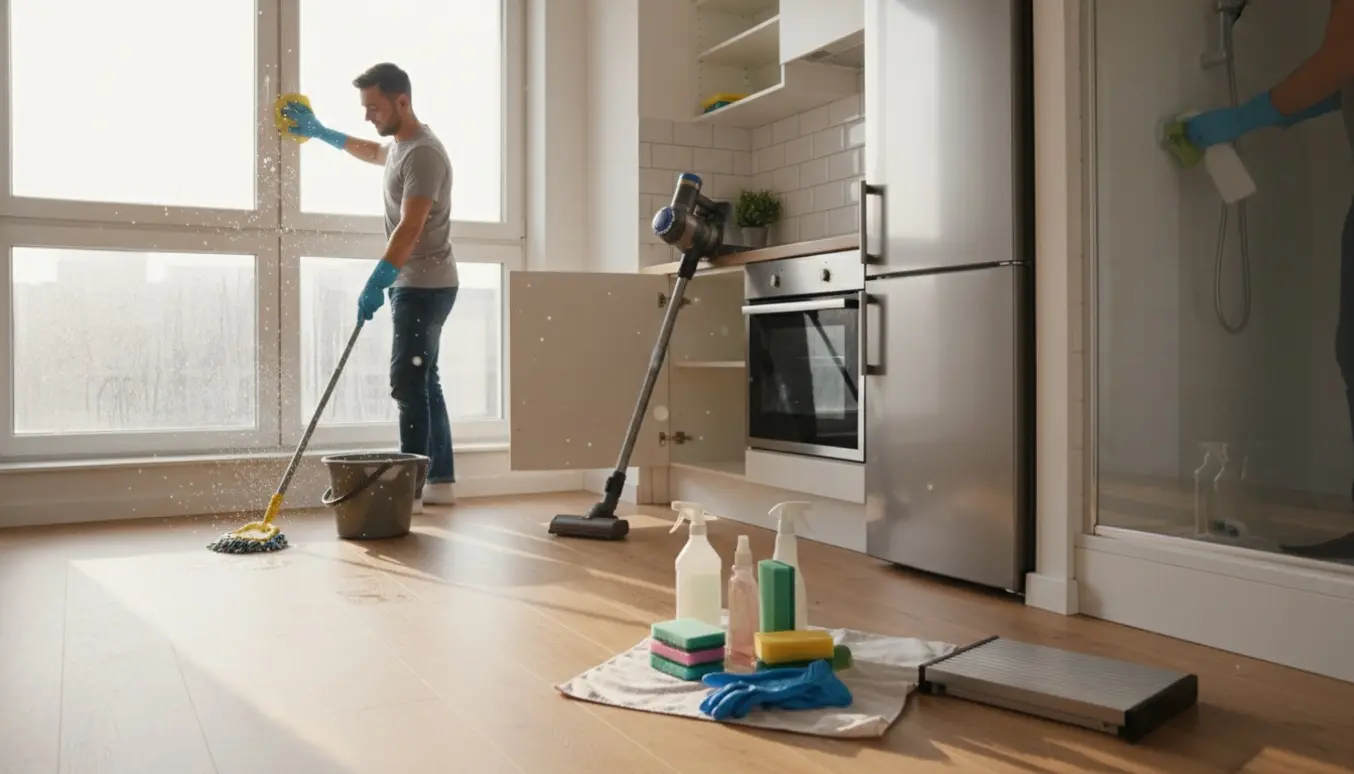Beskåret foto af flytterengøring i en kompakt lejlighed med moppe, vinduespudser og rene skabe.