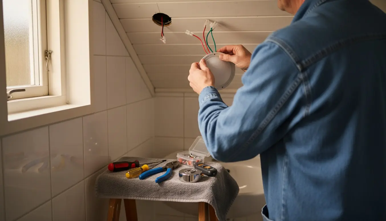 Hænder på en stige flytter et loftslamperudtag i et lille kolonihavehus-badeværelse.