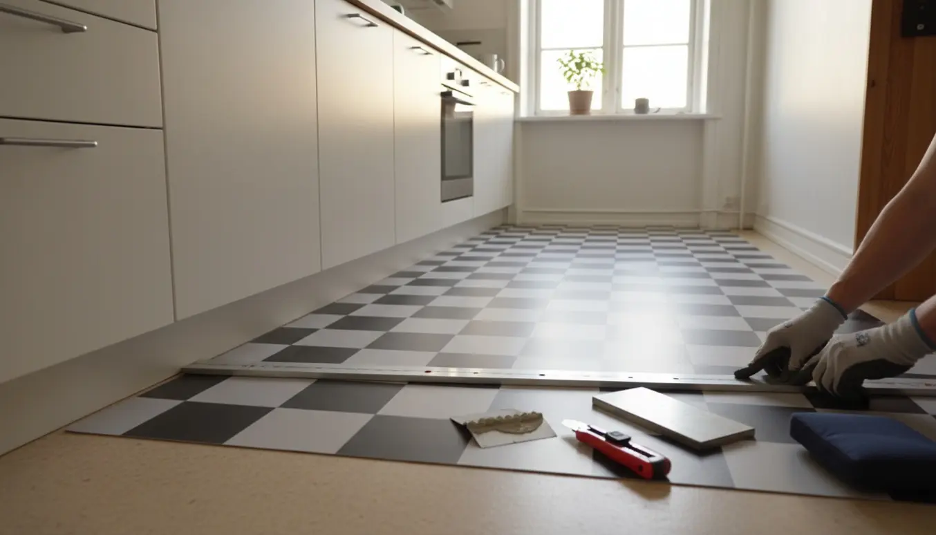 Sammenhængende skakternet vinyl rulles ud og tilpasses over et eksisterende linoleumsgulv i et lyst køkken på Nørrebro.