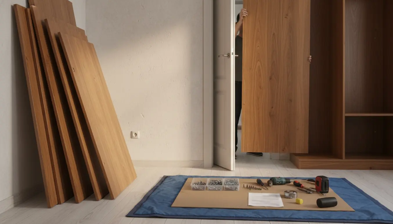 Delvist adskilt garderobeskab med paneler, værktøj og beskyttelse mellem to rum klar til genopsætning.