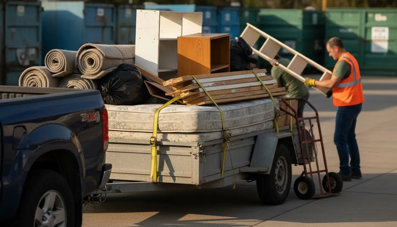 Trailer lastet med dobbeltseng, reoler, tæpper og sække ved en genbrugsplads, mens personer med ryggen til sikrer læsset.