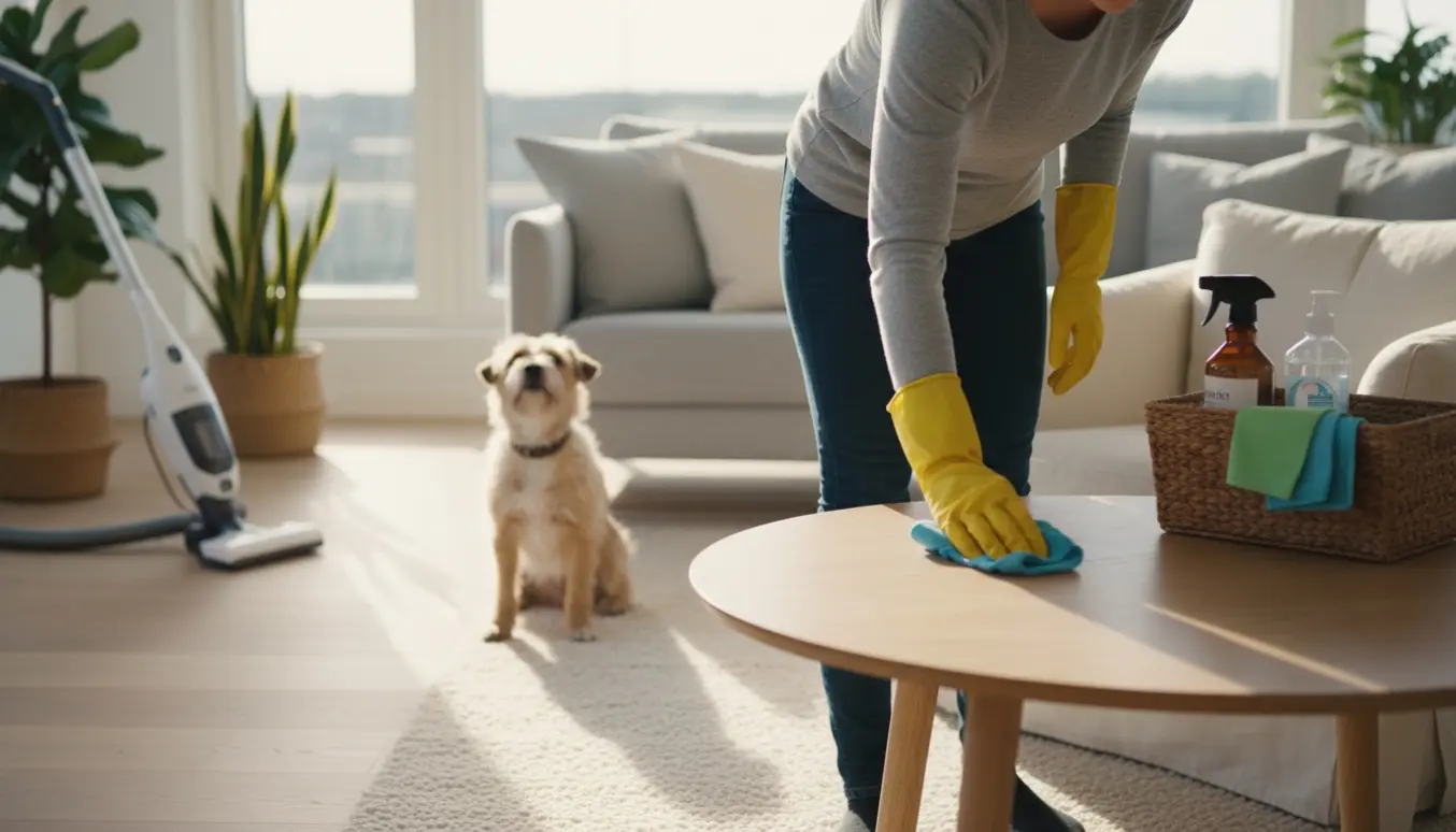 Rengøringshjælp tørrer et træbord i en lys stue med en lille hund i baggrunden.