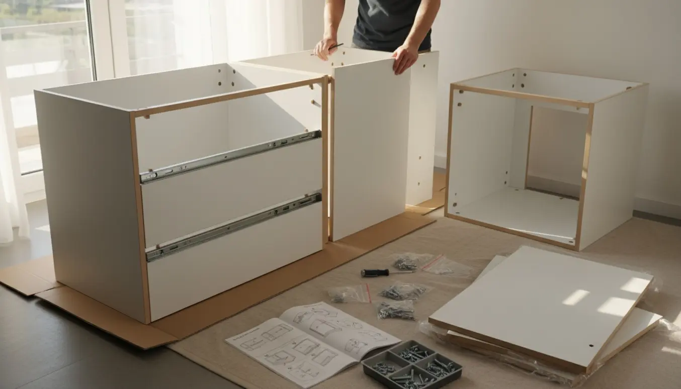 Hænder samler to fladepakkede kommoder, én bred dobbeltkommode og én mindre kommode, blandt skruer og værktøj i et lyst rum.