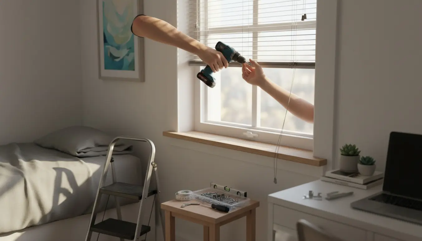 Hænder monterer persienner i et lille studie med boremaskine og værktøj i blødt dagslys.