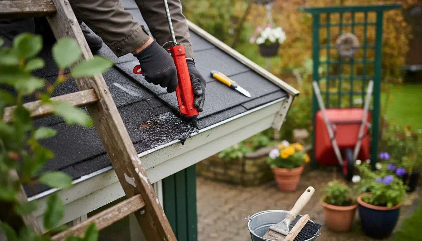 Hænder tæt på et kolonihavetag, der tætner et hul med fugepistol.