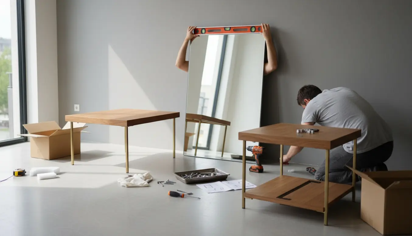 To borde bliver samlet og et stort spejl monteret på væggen i en lys stue med værktøj og hænder i fokus.