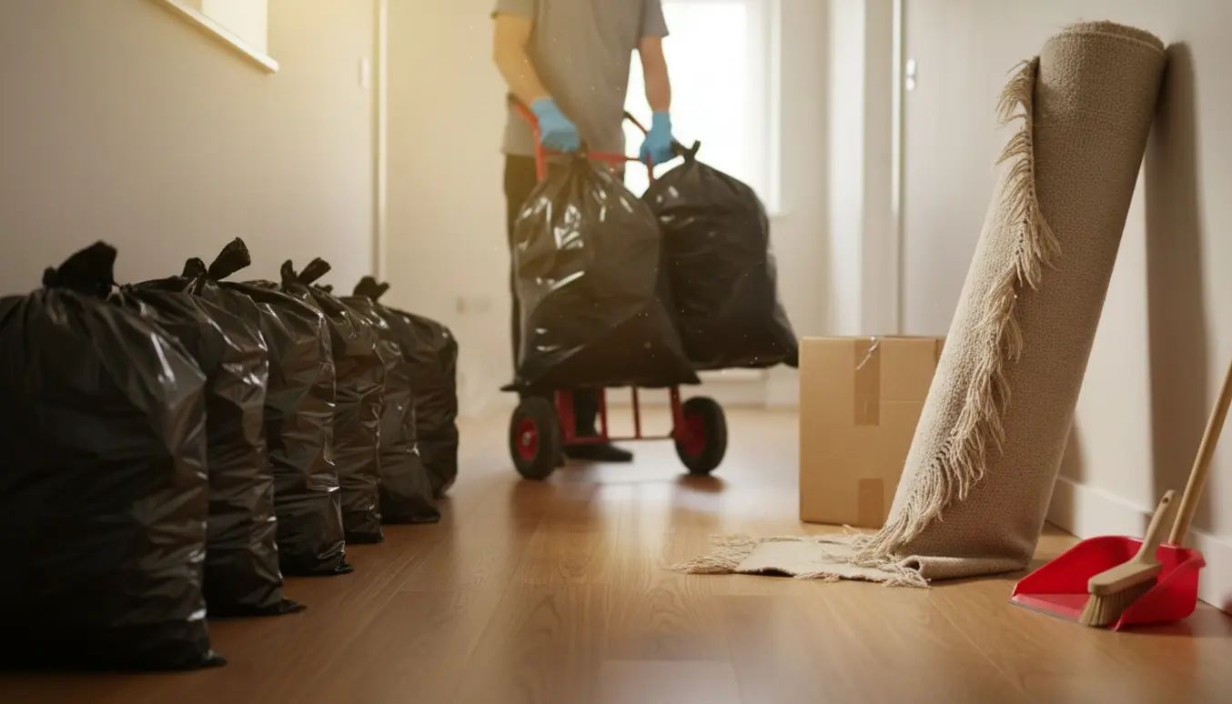 Sorte affaldsposer og et sammenrullet restgulvtæppe på trægulv klar til bortskaffelse.