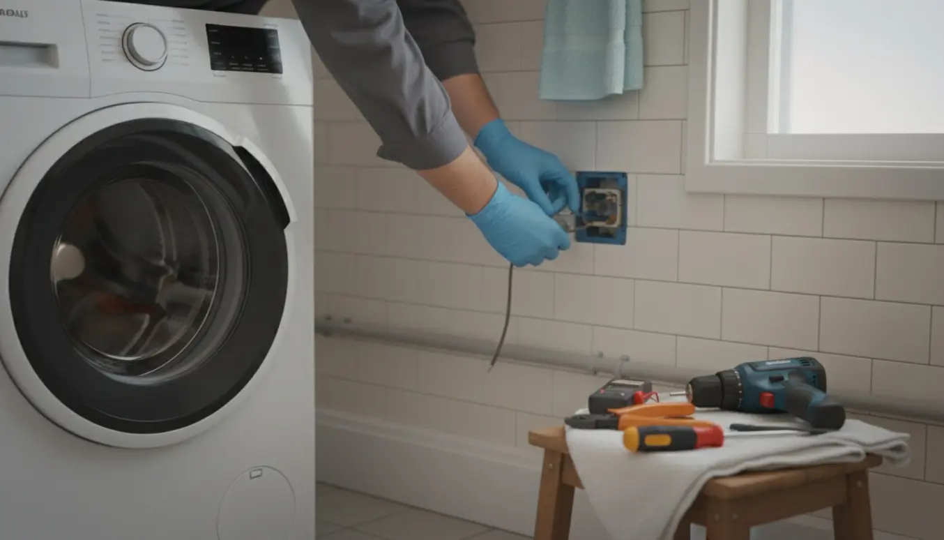 Handskerede hænder monterer en ny stikkontakt ved en vaskemaskine i et lyst, flisebelagt badeværelse.