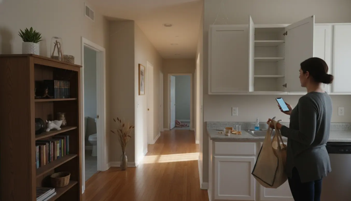 Indvendigt foto af et et-planshus med åben stue og køkken, en person ses bagfra og åbner et skab med tomme hylder før rengøring.