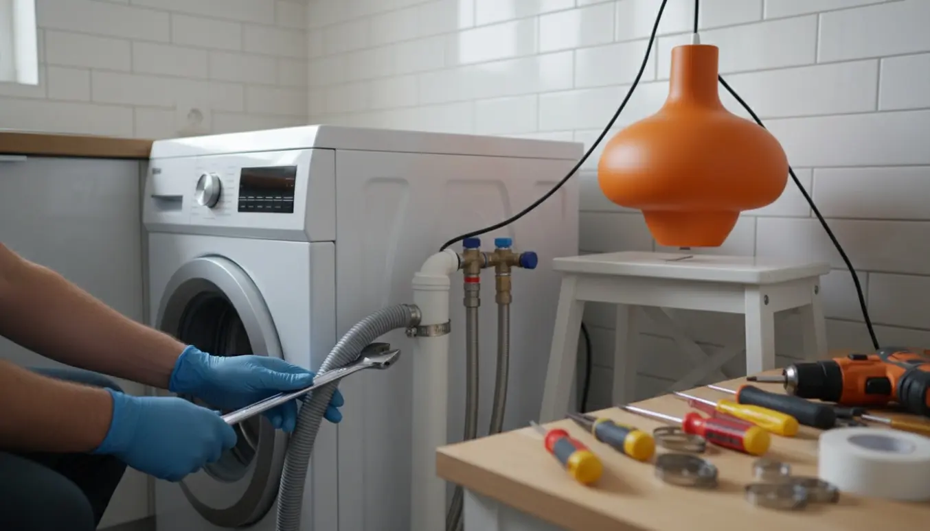 Opvaskemaskine og vaskemaskine tilsluttes med værktøj og en Panton-inspireret pendellampe klar til montering.