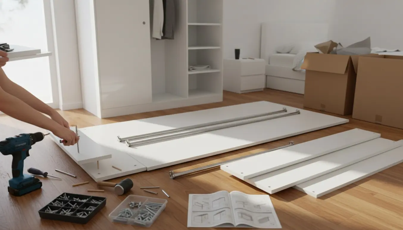 Samling af to hvide garderobeskabe i et lyst rum med værktøj og dele spredt omkring.