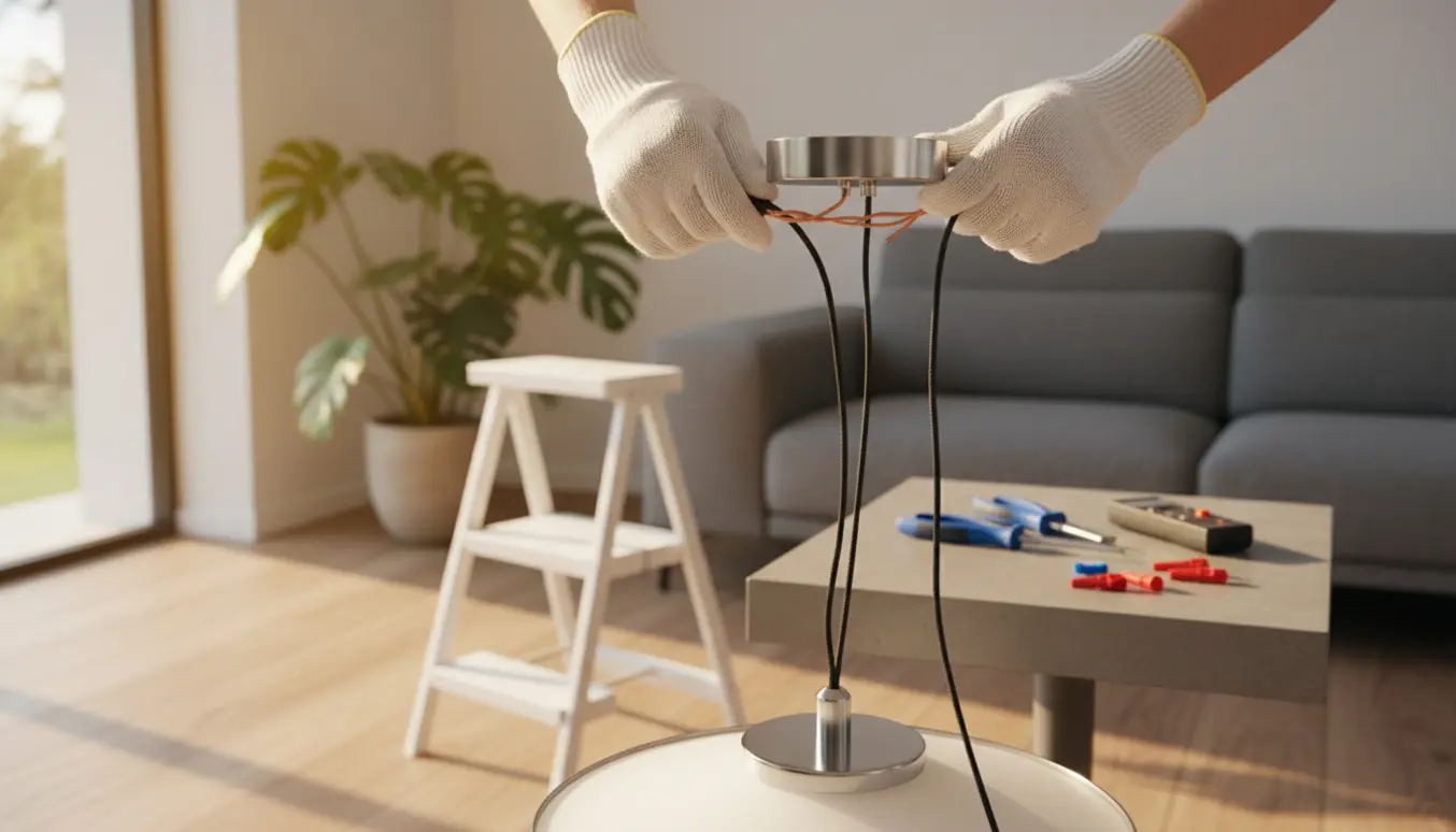 Hænder monterer en loftslampe ved et loftsudtag med værktøj og stige i baggrunden.