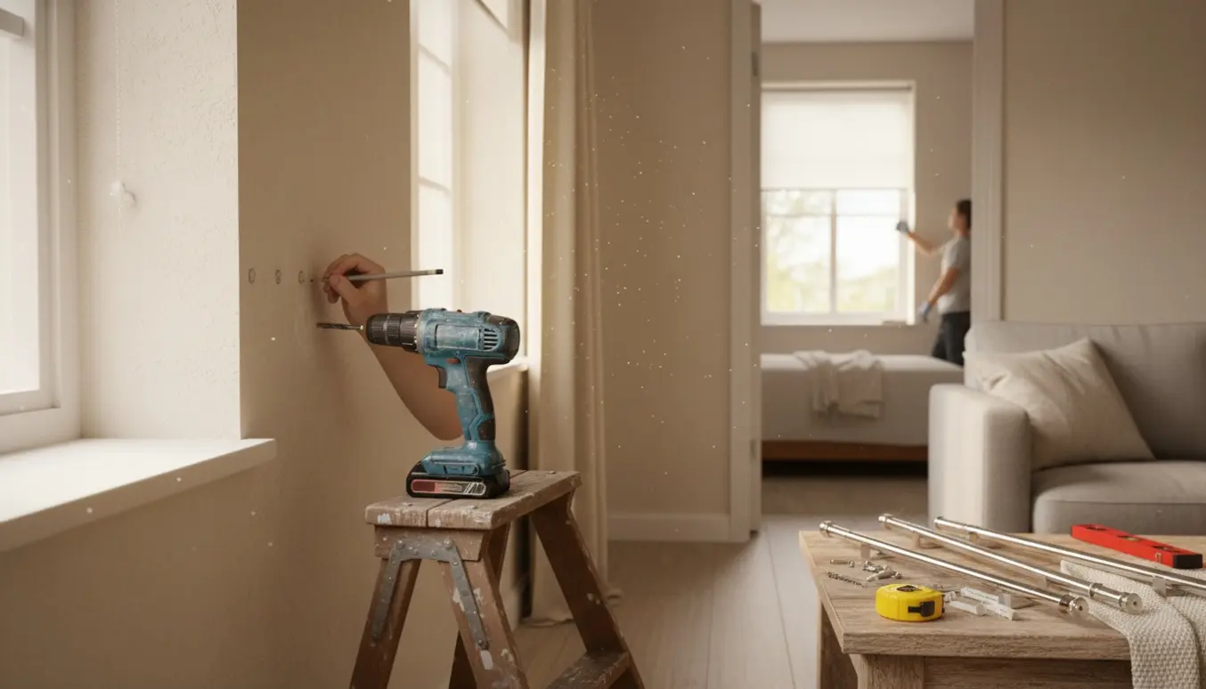 Hænder markerer og borer ophæng til gardinstænger i en stue, med en delvist monteret rullegardin synligt i soveværelset.