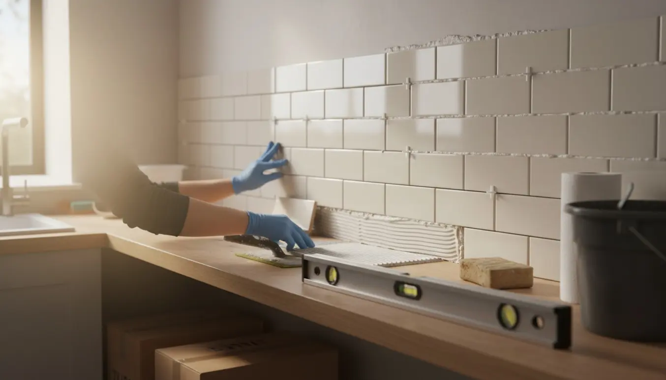 Køkken-backsplash under opsætning med fliser, hvide fugekanter og værktøj på køkkenbordet.
