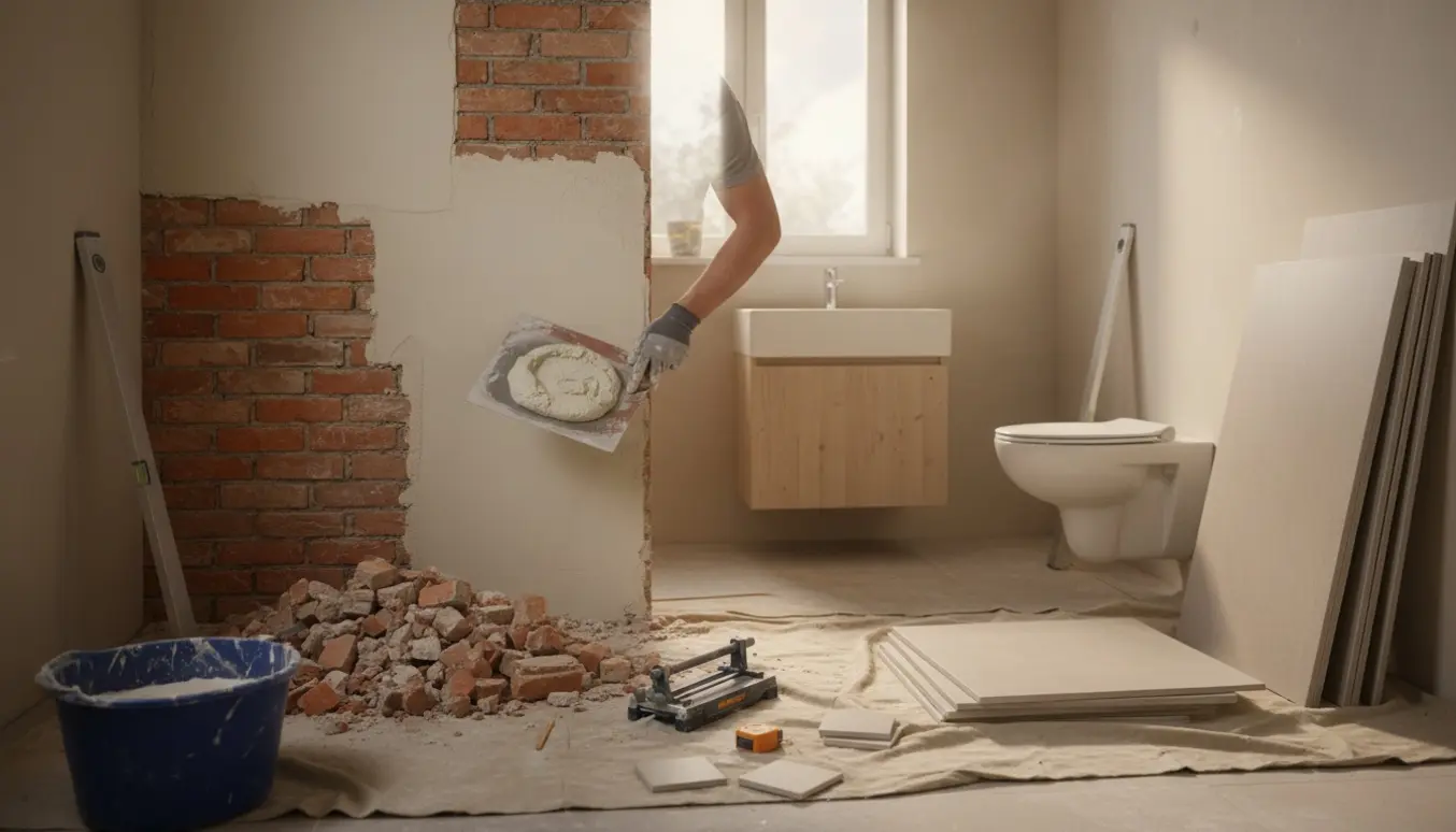 Partielt nedrevet væg i et badeværelse under renovering med væghængt toilet, nyt vaskeskab og værktøj spredt på gulvet.