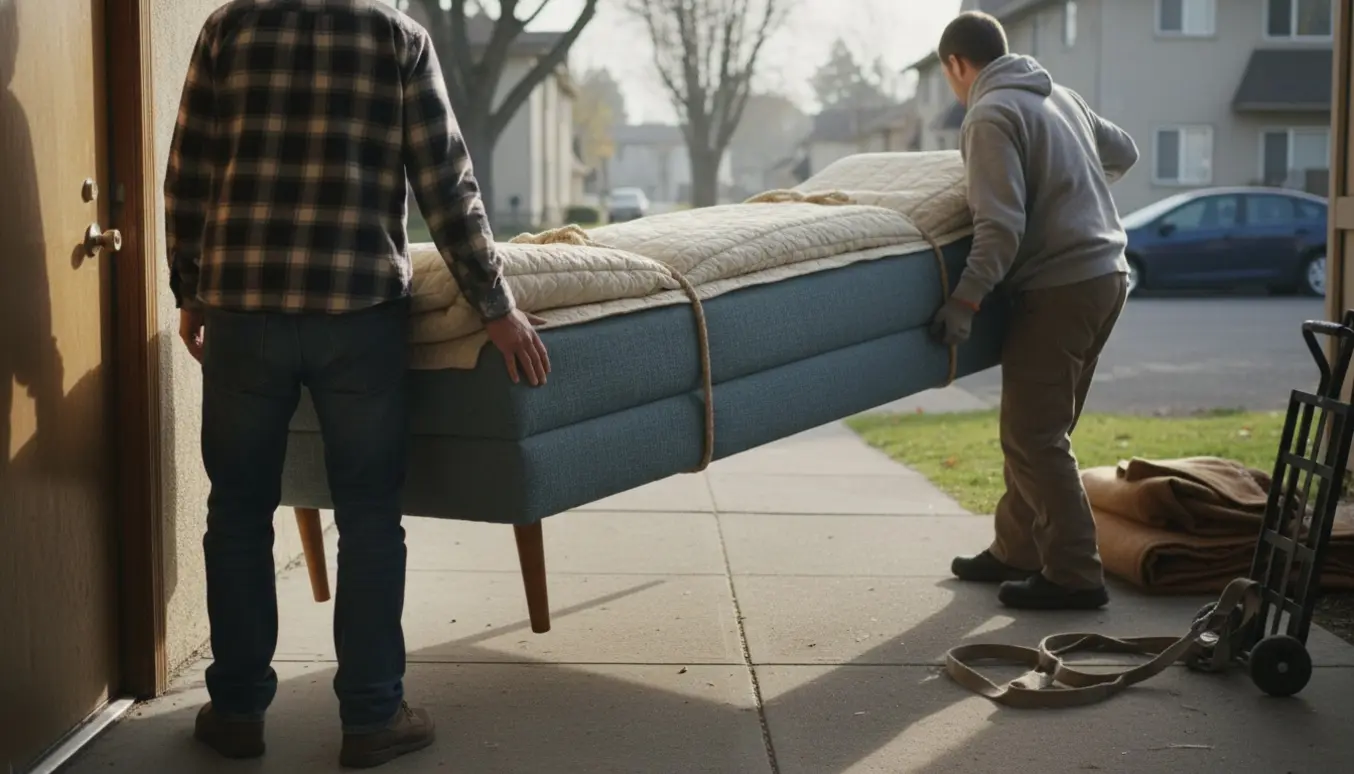 En lang daybed med tynd madras bæres gennem en opgang og ud på fortovet af to personer, ansigter ude af billedet.
