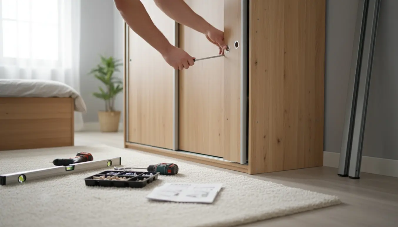 Halvfærdigt garderobeskab hvor hænder monterer skydedør med værktøj på et lyst soveværelse.