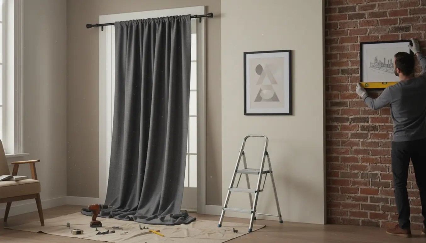 Håndværkeropsætning af mørklægningsgardin foran en dør og ophængning af to indrammede plakater på skillevæg og mur.