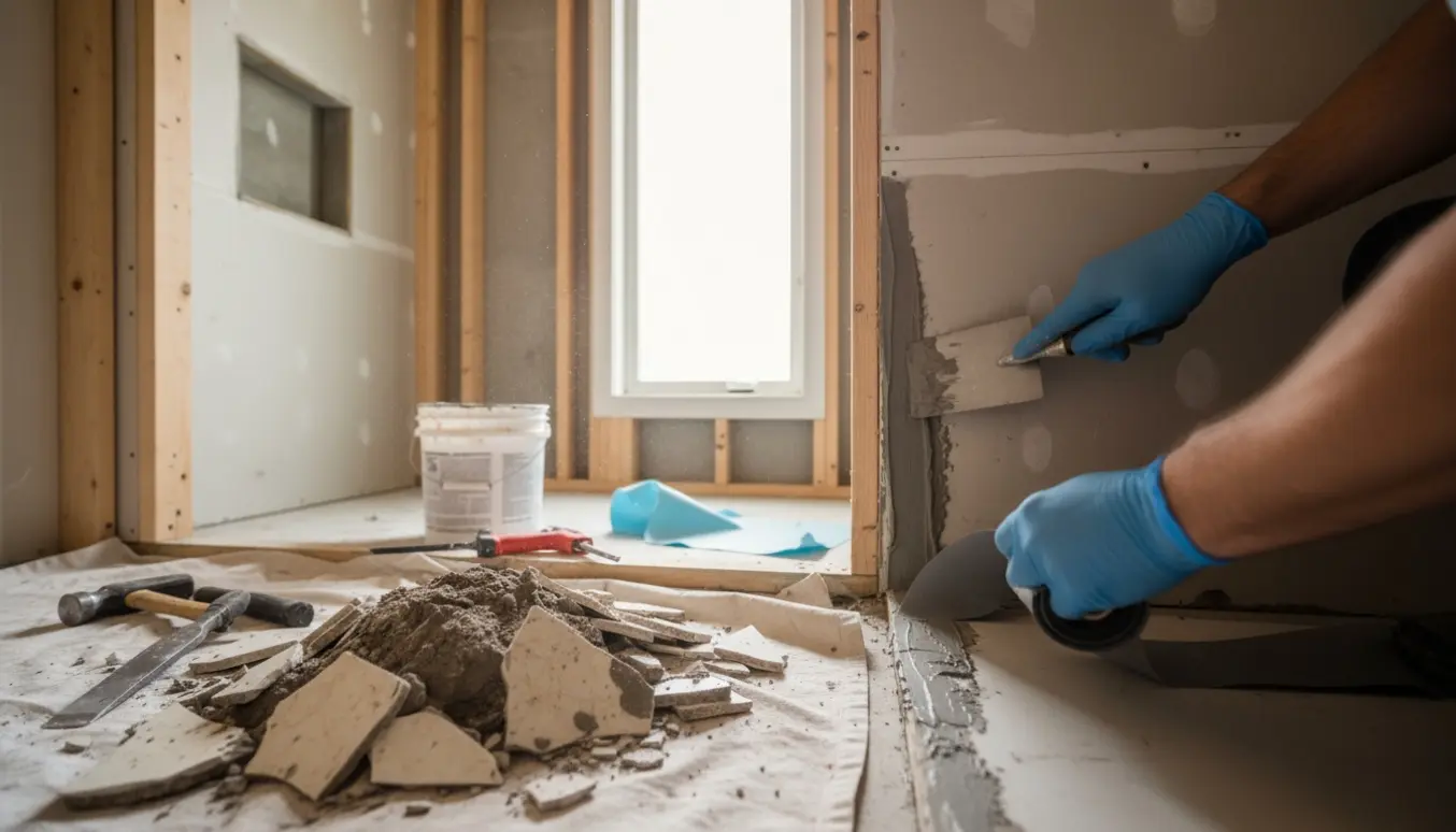 Hænder iført handsker påfører vådrumssikring i et lyst, delvist afrenset badeværelse.