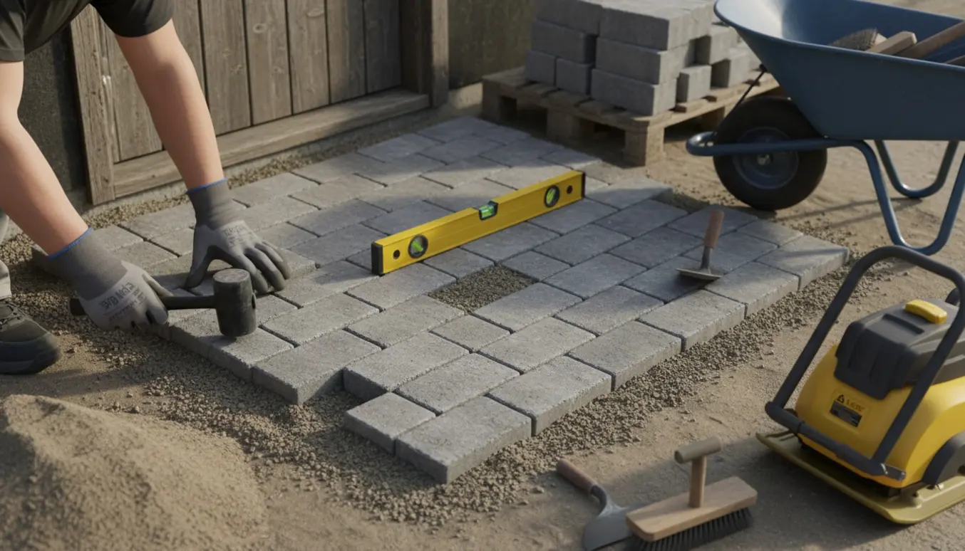Hænder lægger herregårdssten ved indgangen på et sandlag med værktøj og trillebør i baggrunden.