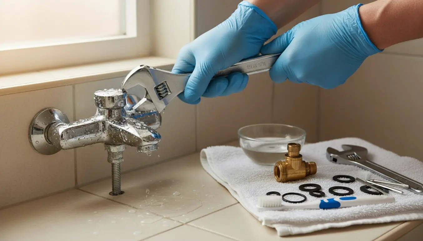 Hænder i handsker afmonterer en kalkbelagt bruserarmatur med værktøj og afkalkningsmidler på et badeværelse.