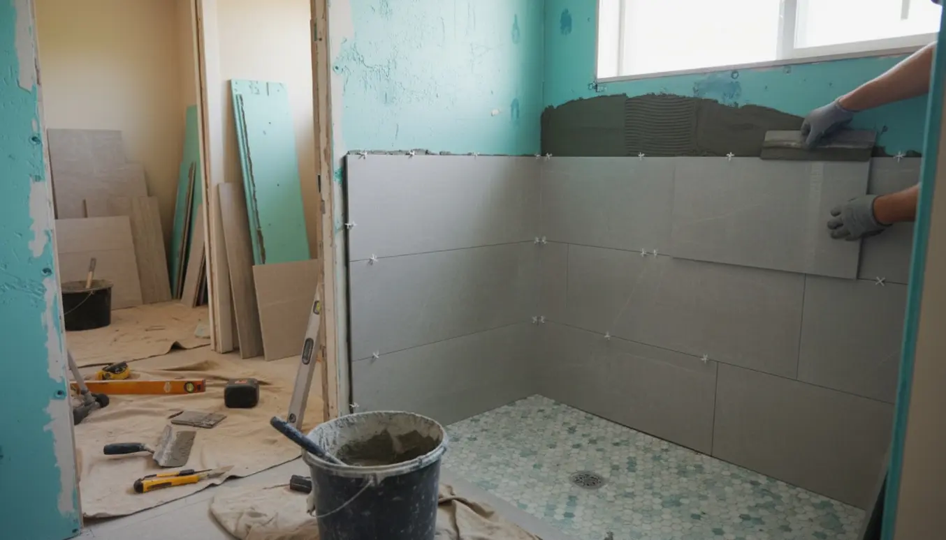 Badeværelse under opbygning med blå vandtætte plader og fliser, håndværkerens hænder arbejder med fliselægning.
