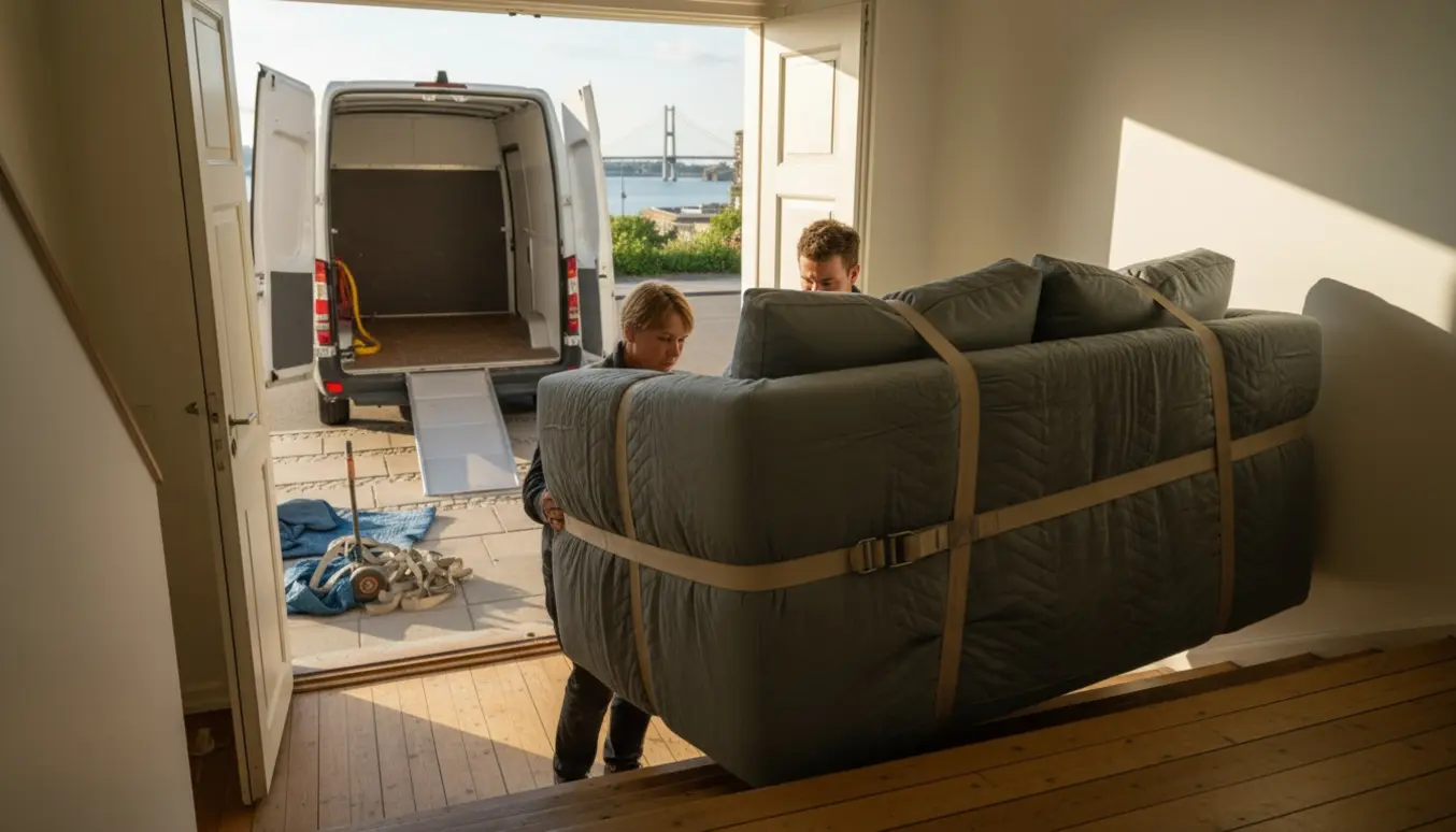 Modulsofa bæres fra en stor flyttevogn op ad trappe i København med Øresundsbroen i baggrunden.