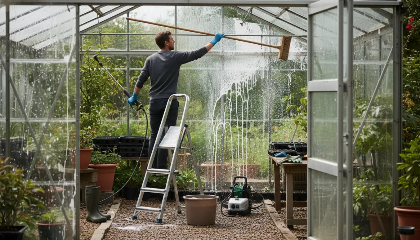 En person på trappestige renser drivhusglas med teleskopkost og højtryksspuler mens sæbeskum og vand løber ned ad ruderne.