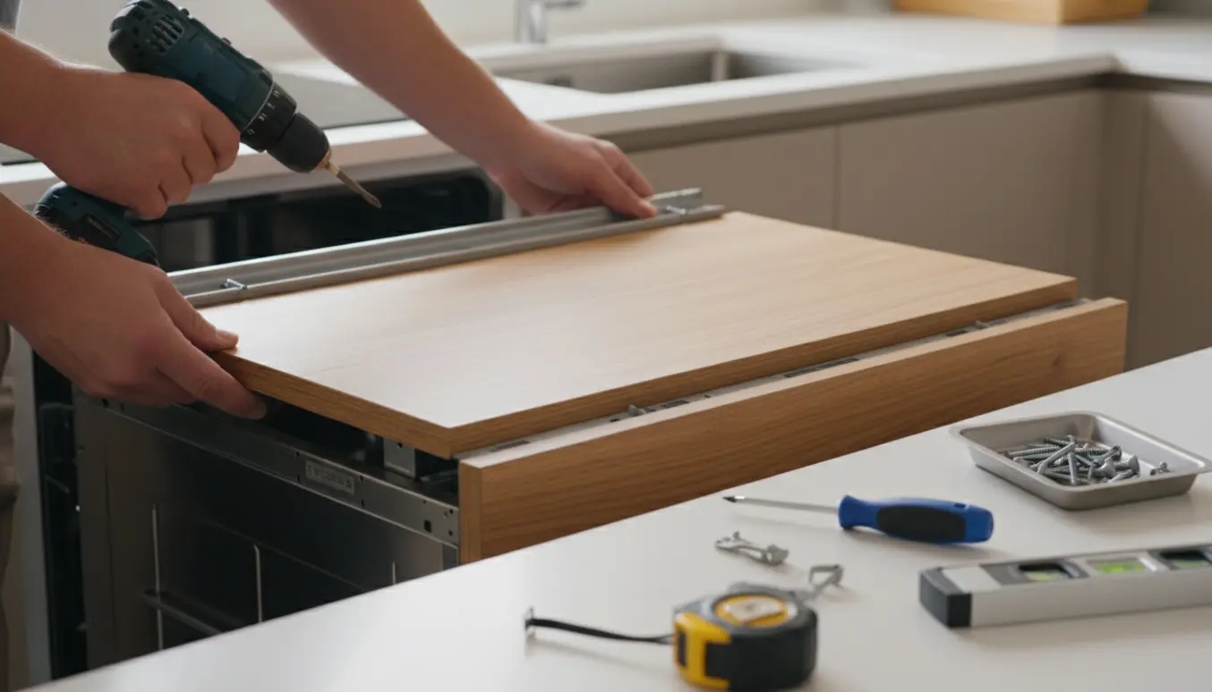 Nærbillede af hænder, der justerer en køkkenlåge på en opvaskemaskine med skinner og værktøj klar.