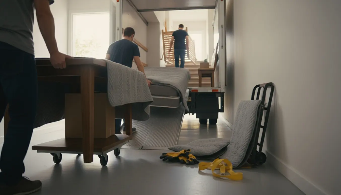 To flyttemænd bærer store, tunge møbler fra en lejebil ind i husets entré med flyttetæpper og sækkevogn synlige.