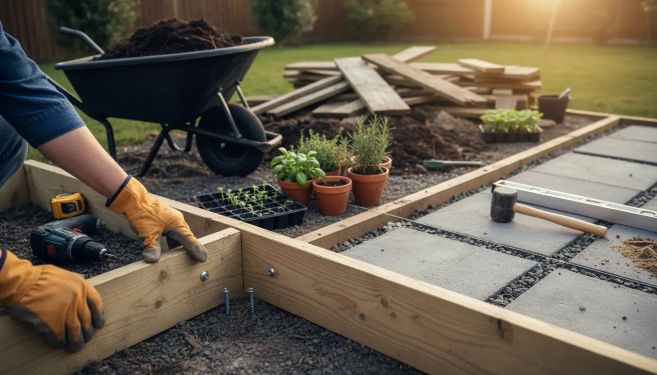 Nærbillede af et nyt højbed under opbygning ved siden af en terrasse under anlæg med værktøj og planter.