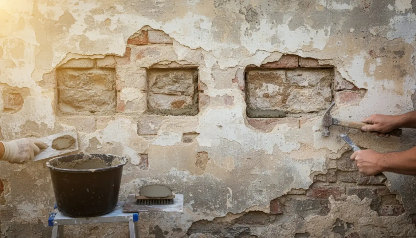 Hænder reparerer udvendig væg med løstsiddende puds og påfører ny mørtel.