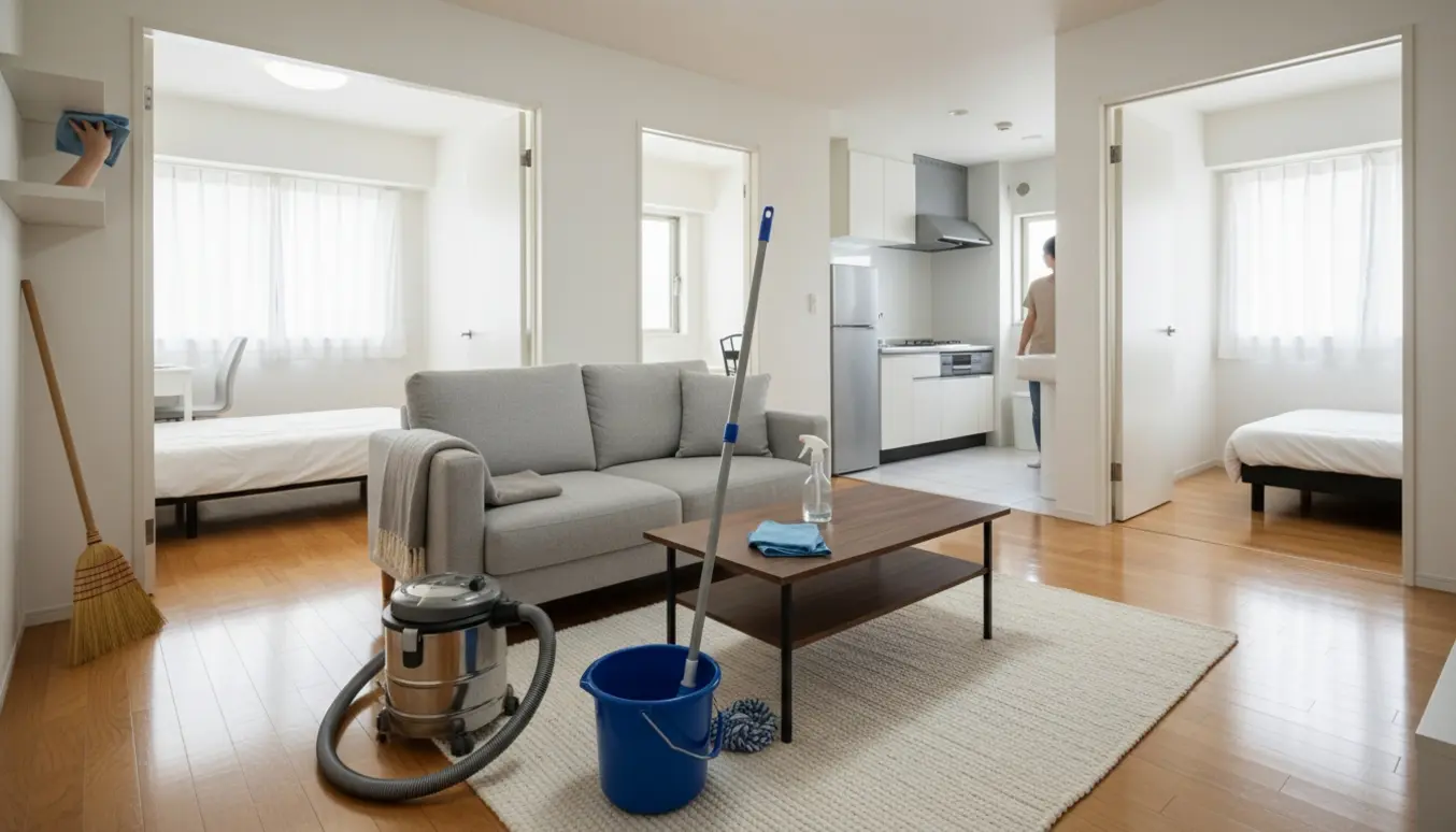 Nyvasket lejlighed med støvsuger, moppe og rengøringsklud i et lyst, ryddeligt opholdsrum.