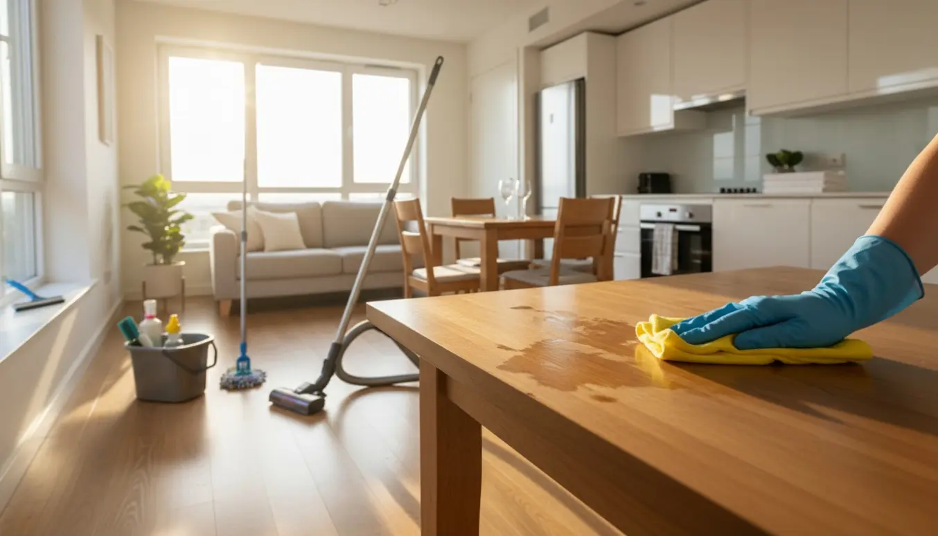 Professionel flytterengøring i en lys, møbleret treværelses lejlighed med støvsuger, moppe og klude.