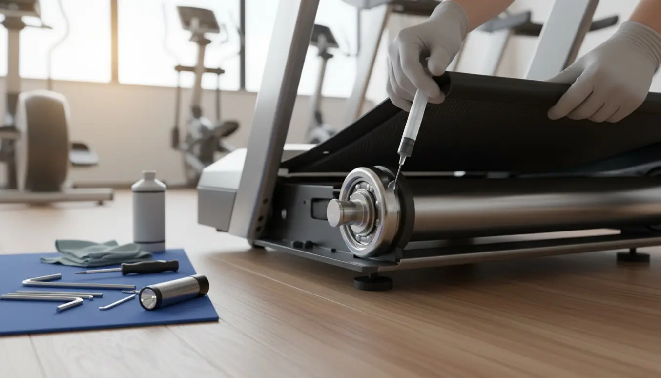 Hænder smører og efterser ruller og bånd på et løbebånd i et lyst hjemmegym.